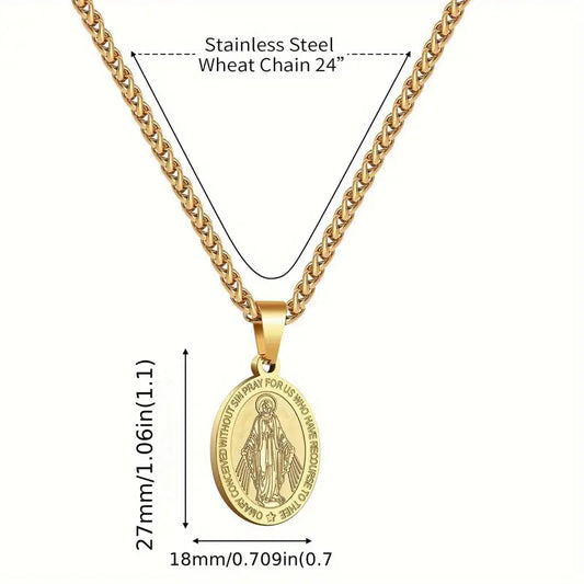 Stainless Steel Miracles Virgin Mary Pendant Necklace - Double-Sided Religious Medal