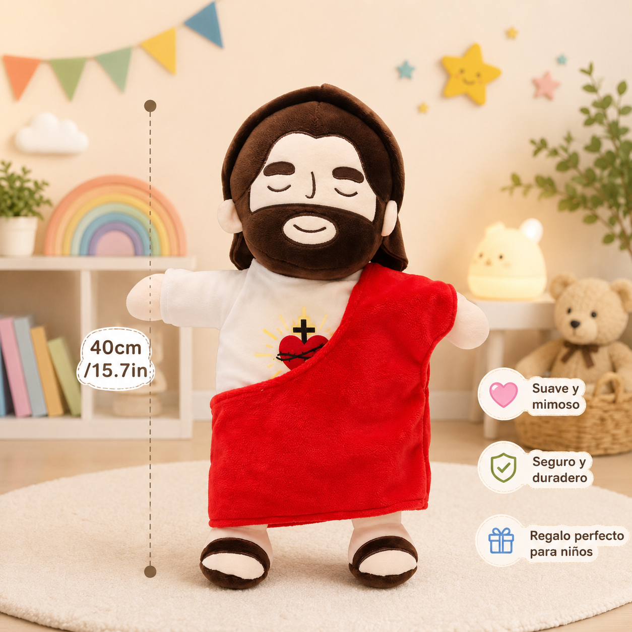 15.7in Sacred Heart Of Jesus Plush Doll, Breathing Soothing Jesus With Glowing Light