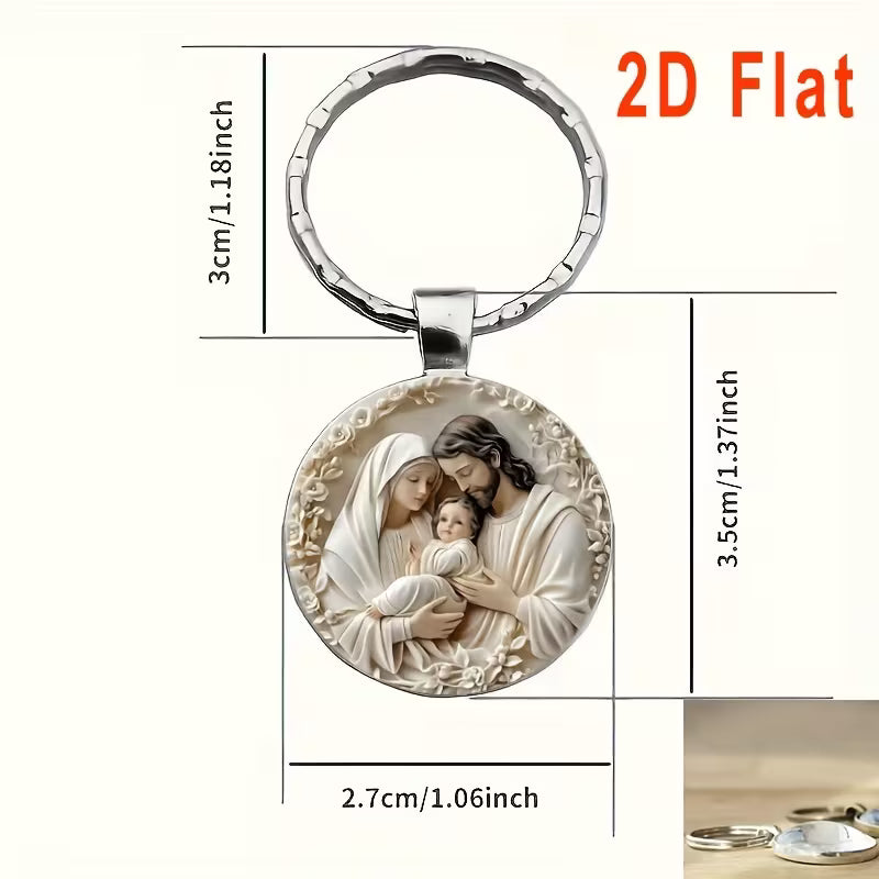 Holy Family Theme Keychain Set, Round Alloy Pendant Keychain