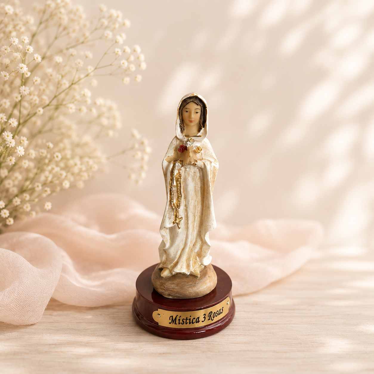 Our Lady Rosa Mística Statue – 4 Inch Virgin Mary Figurine with 3 Roses