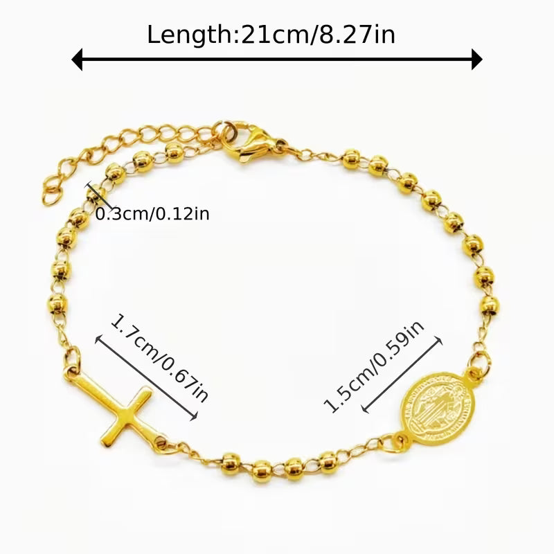 Gold Stainless Steel St. Benedict and cross Bracelet