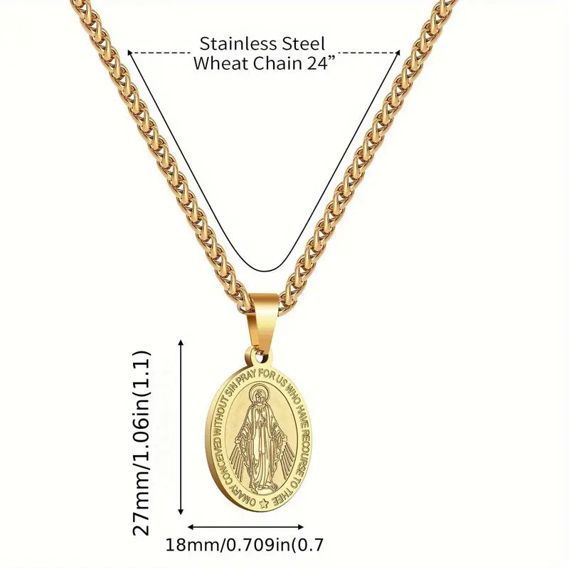 Stainless Steel Miracles Virgin Mary Pendant Necklace - Double-Sided Religious Medal