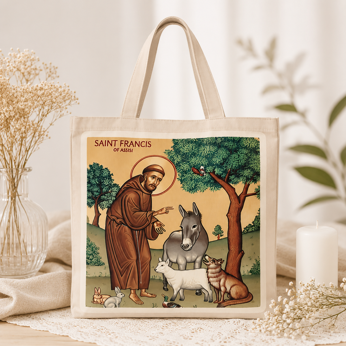 Saint Francis of Assisi Canvas Tote Bag – Catholic Women’s Religious Art Gift