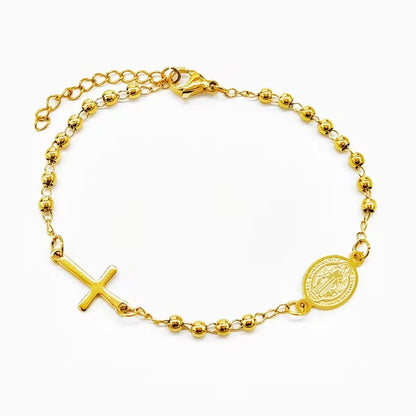 Gold Stainless Steel St. Benedict and cross Bracelet