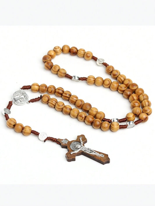 1pc Vintage Natural Wood Beaded Rosary St. Benedict & Crucifix Necklace