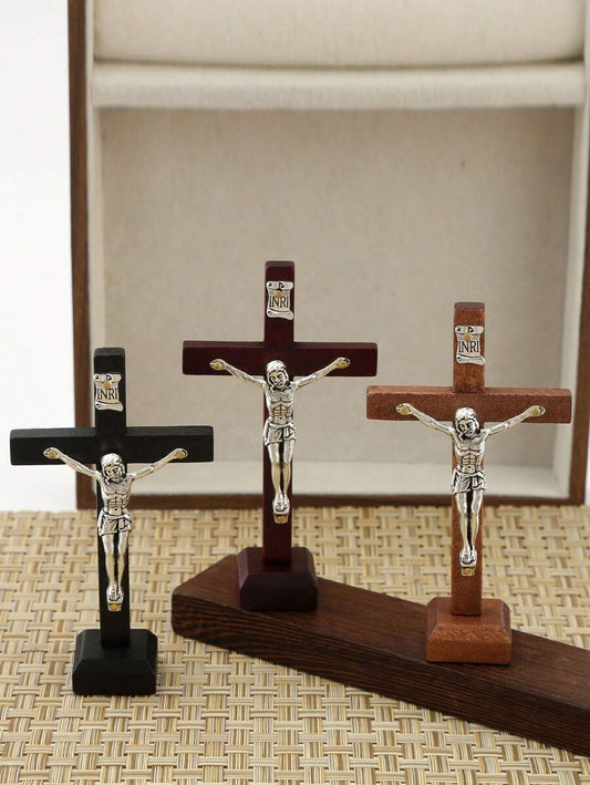 1pc Brown Handmade Wooden Crucifix Base Decor, Natural Wood