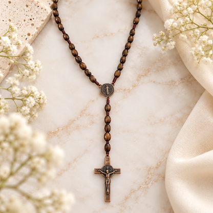 Brown Wood Rosary with St. Benedict Medal & Crucifix – Catholic