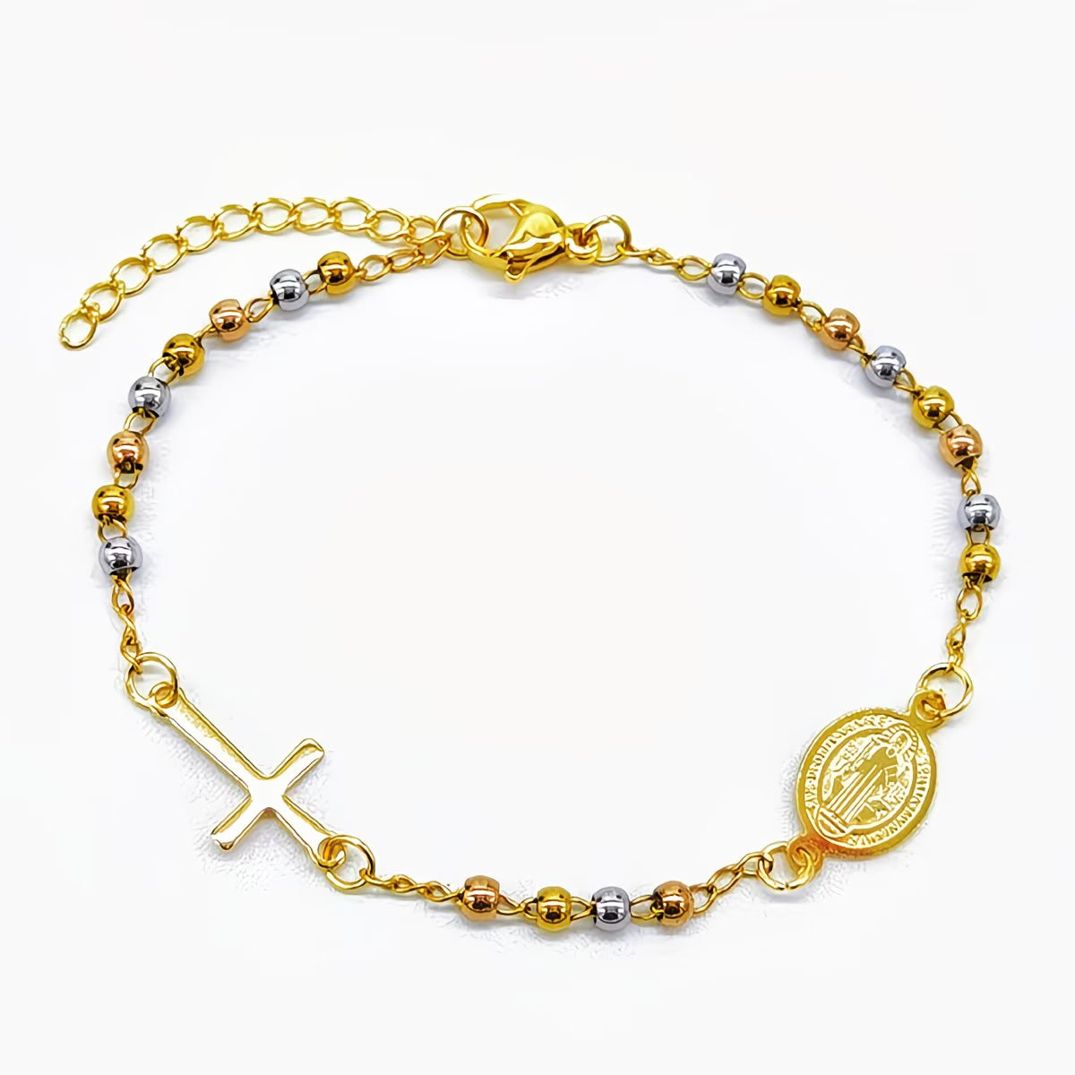 Tricolor Stainless Steel St. Benedict and cross Bracelet