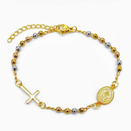 Tricolor Stainless Steel St. Benedict and cross Bracelet