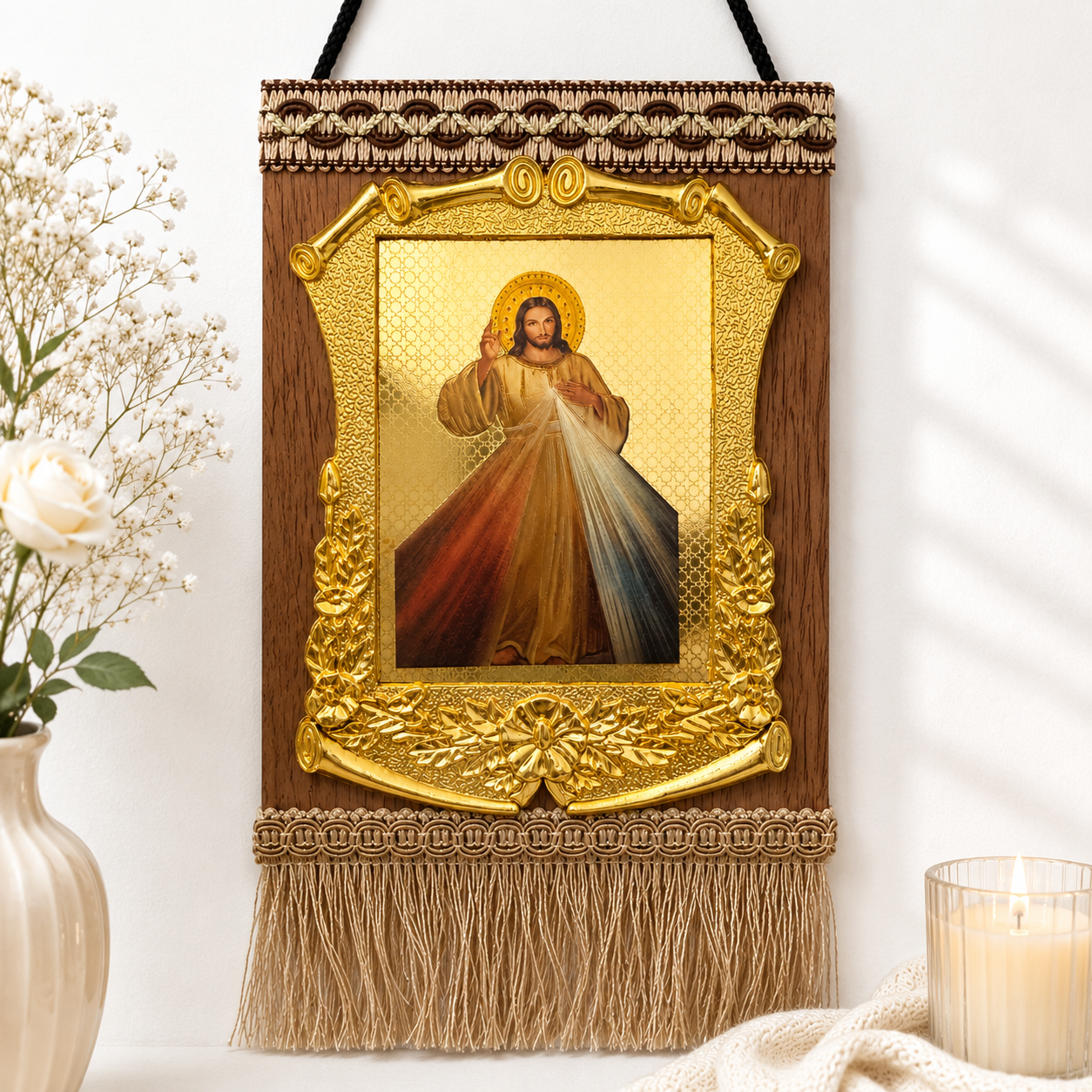Divine Mercy Jesus Wall Art – Gold Wood Catholic Home Décor