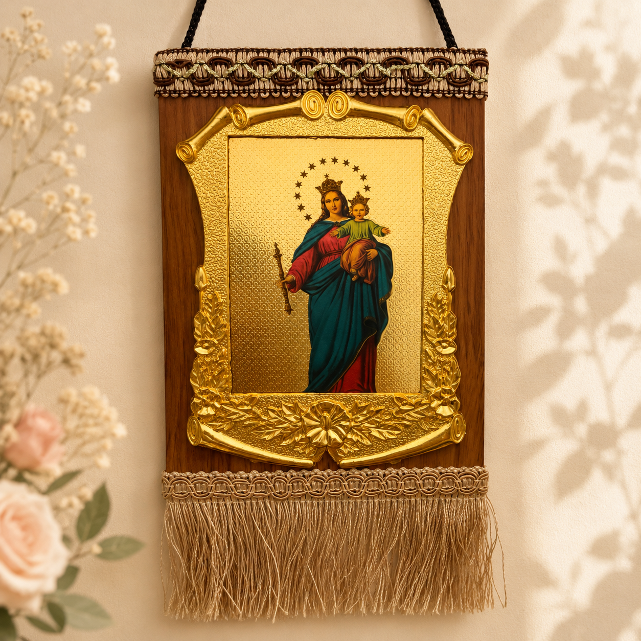 Mary Help of Christians Wall Art – Gold Wood Catholic Home Décor
