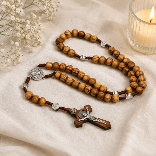 Vintage Natural Wood Beaded Rosary St. Benedict & Crucifix Necklace