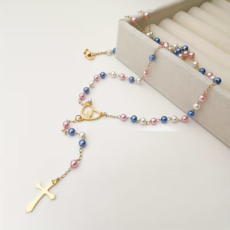 Stainless Steel Gold Plated Virgin Mary Cross, Rosary