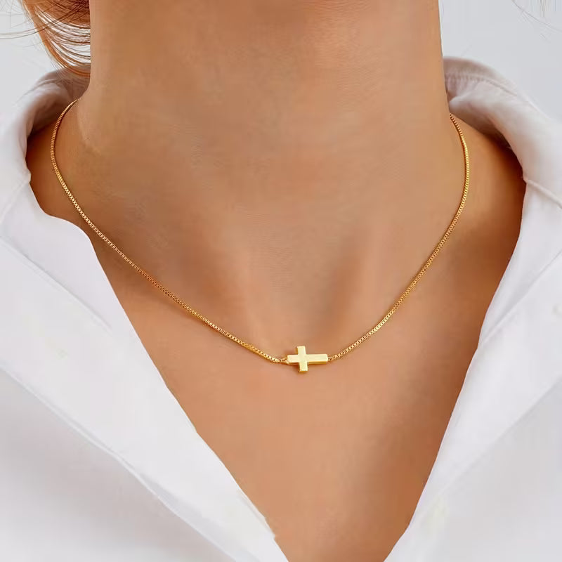 18K Golden Plated Stainless Steel Cross Necklace for Women