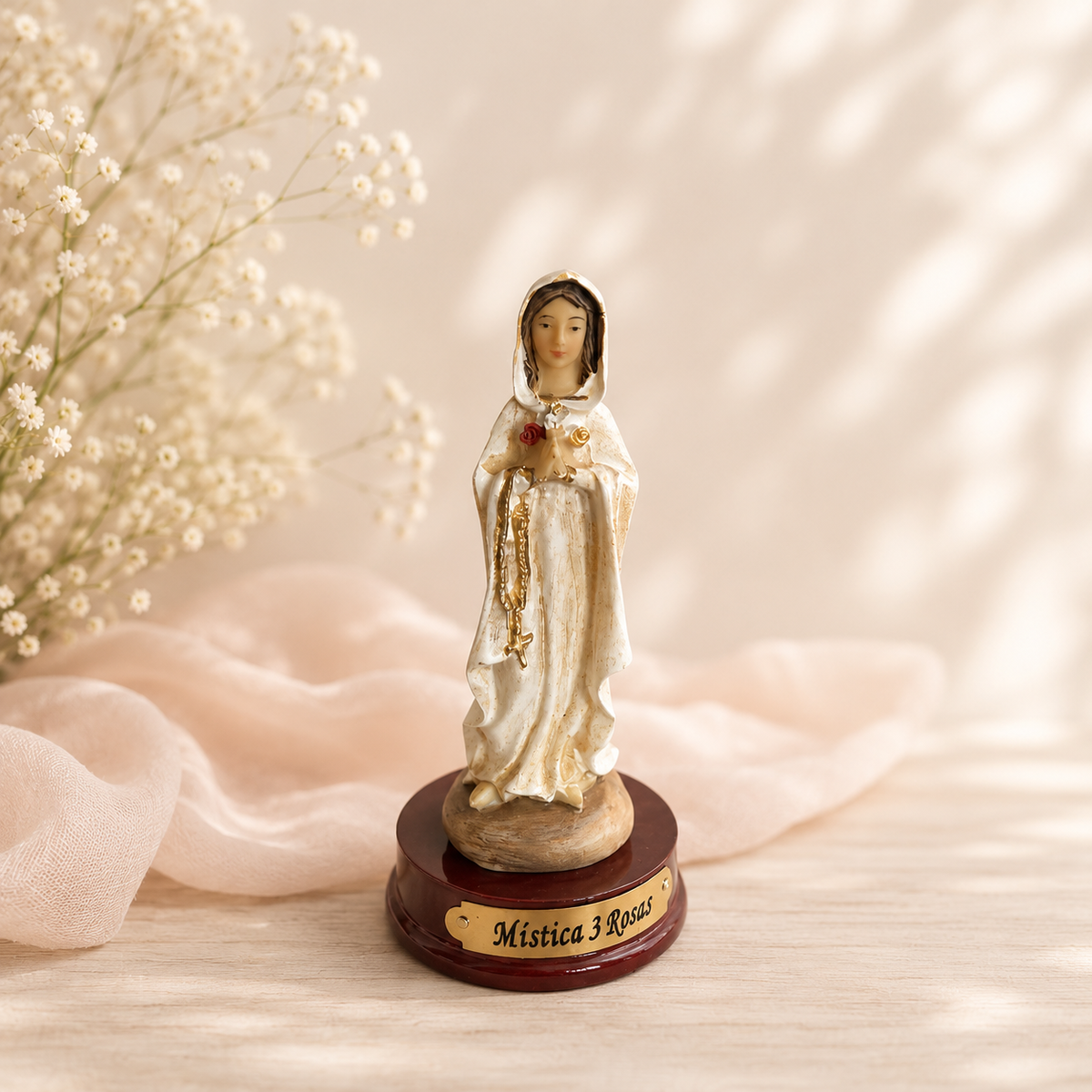 Our Lady Rosa Mística Statue – 4 Inch Virgin Mary Figurine with 3 Roses