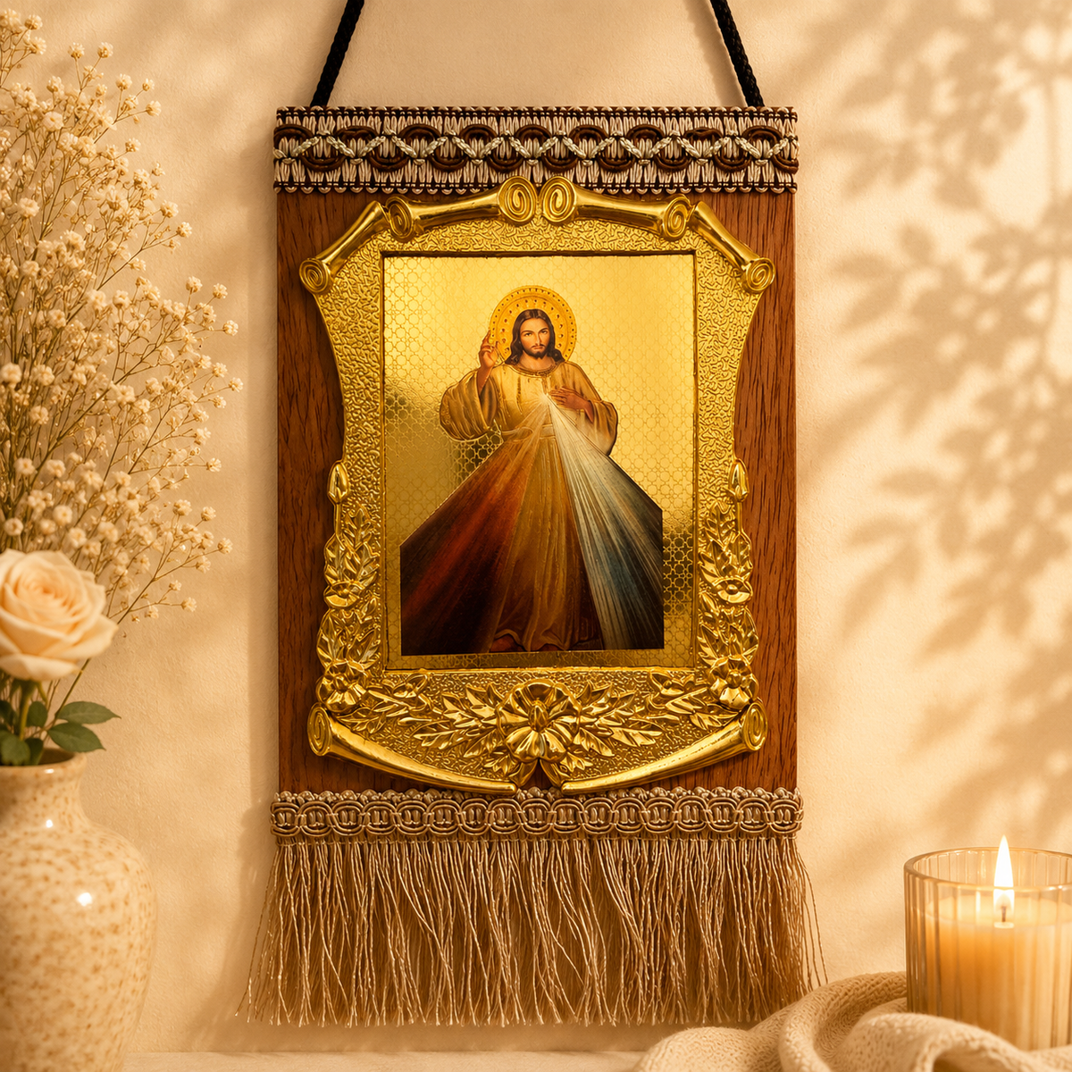 Divine Mercy Jesus Wall Art – Gold Wood Catholic Home Décor