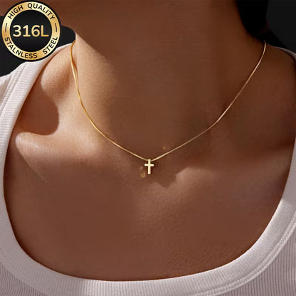 18K Golden Plated Stainless Steel Cross Necklace for Women