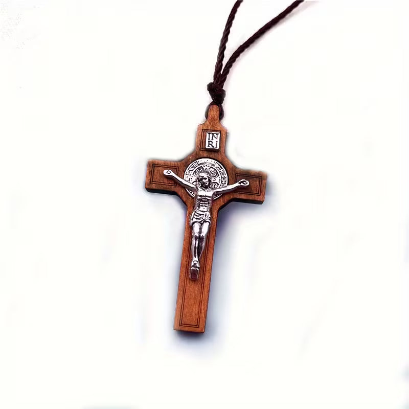 Elegant Handcrafted Wooden Cross Pendant Necklace with Intricate Carving and Twine Tassel
