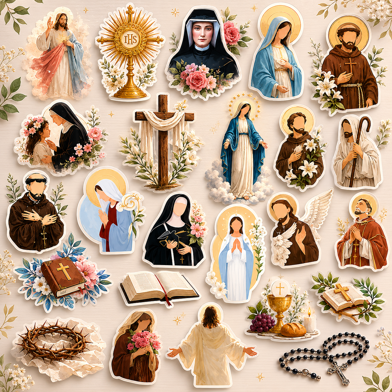 3 medium Random Religious Saints Stickers - Virgin Mary, Jesus, crosses, prayers
