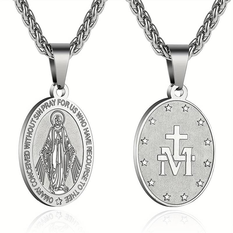 Stainless Steel Miracles Virgin Mary Pendant Necklace - Double-Sided Religious Medal