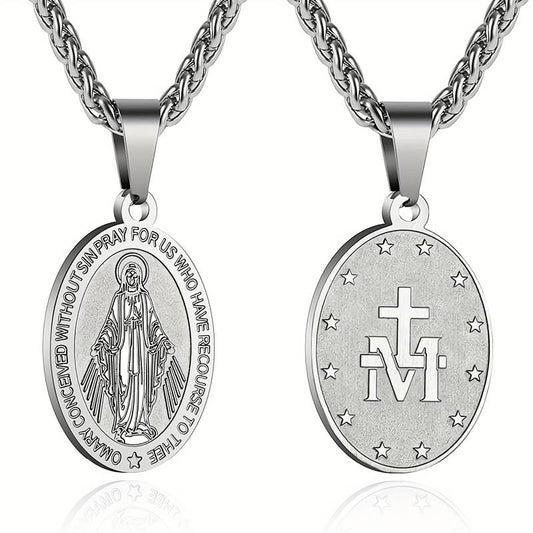Stainless Steel Miracles Virgin Mary Pendant Necklace - Double-Sided Religious Medal