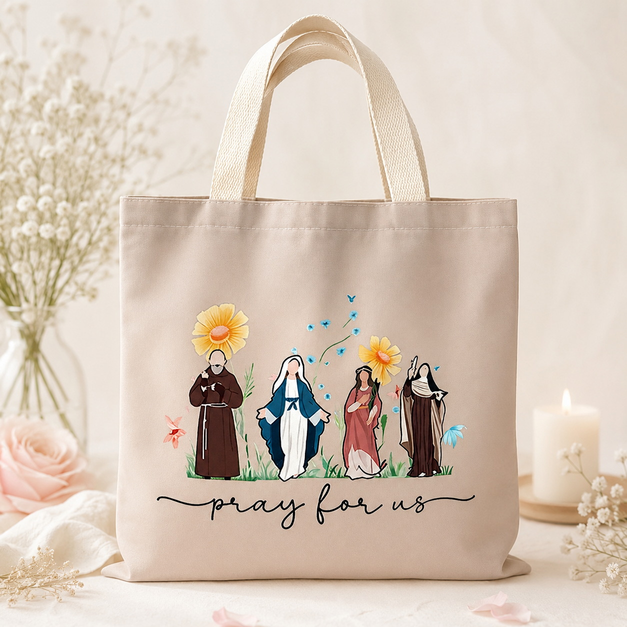 Catholic Saints "Pray for Us" Canvas Tote Bag – Religious Gift for Women