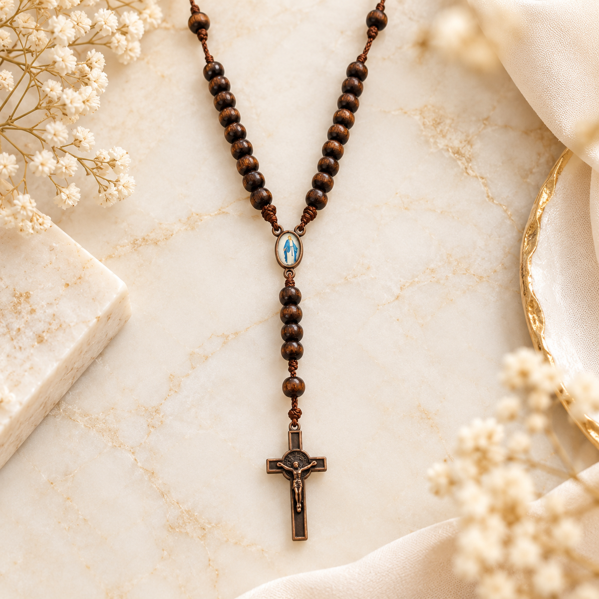 1 pc Brown Wood Rosary & Crucifix – Catholic