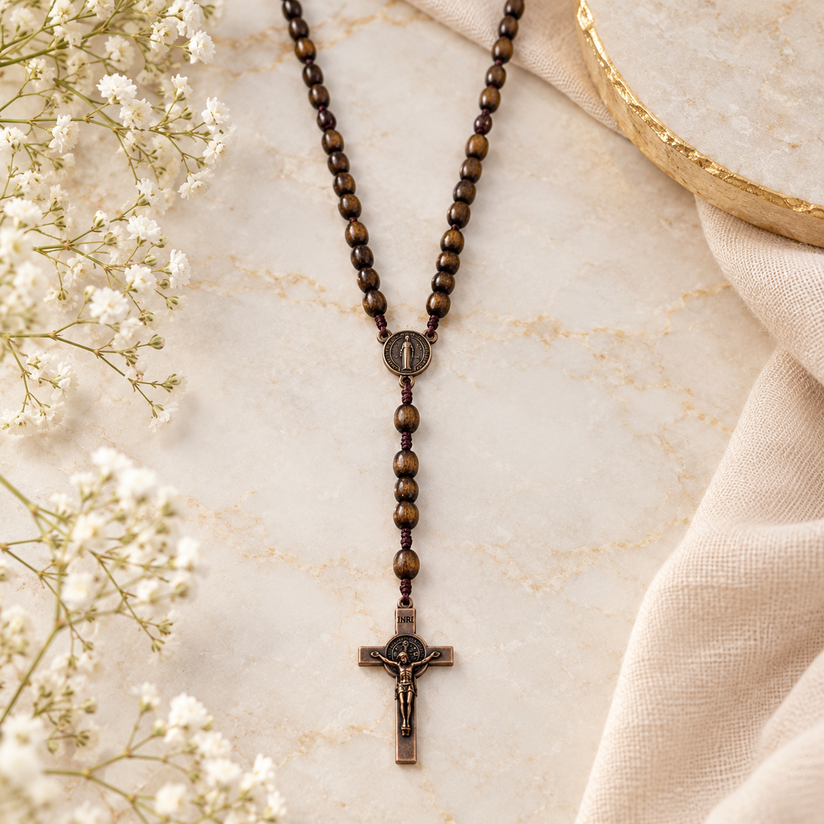 Brown Wood Rosary with St. Benedict Medal & Crucifix – Catholic