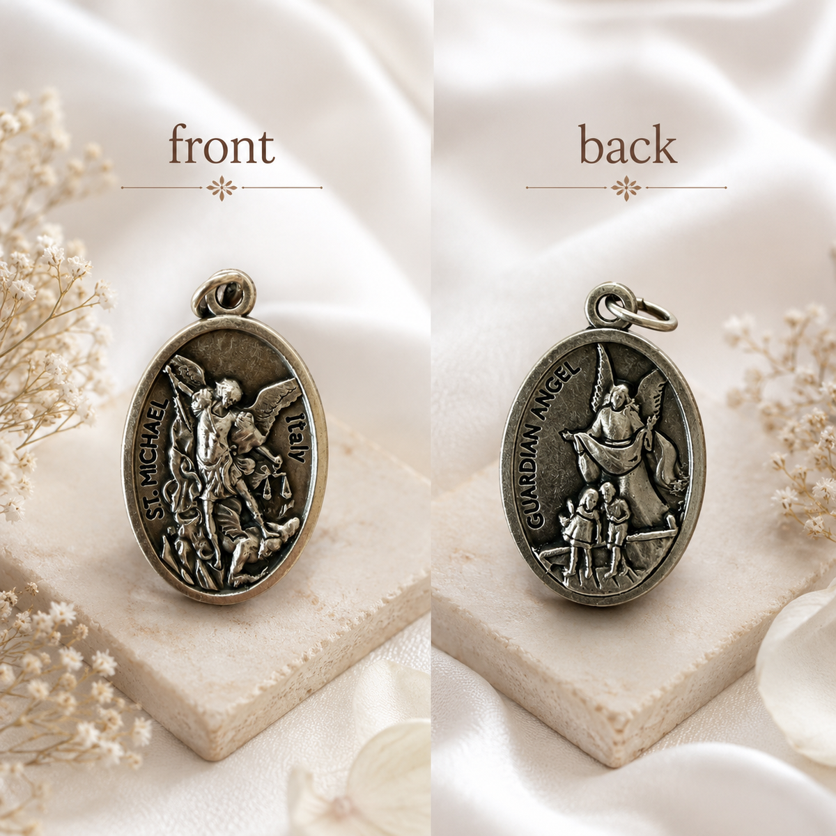St. Michael Archangel & Guardian Angel Italy Medal – 1 Inch Oxidized Zamac Charm