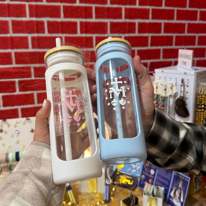 Miraculous Medal Custom Permanent vinyl 600ml Glass tumbler, with bamboo cover and straw