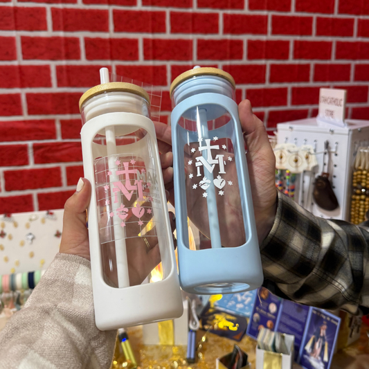 Miraculous Medal Custom Permanent vinyl 600ml Glass tumbler, with bamboo cover and straw