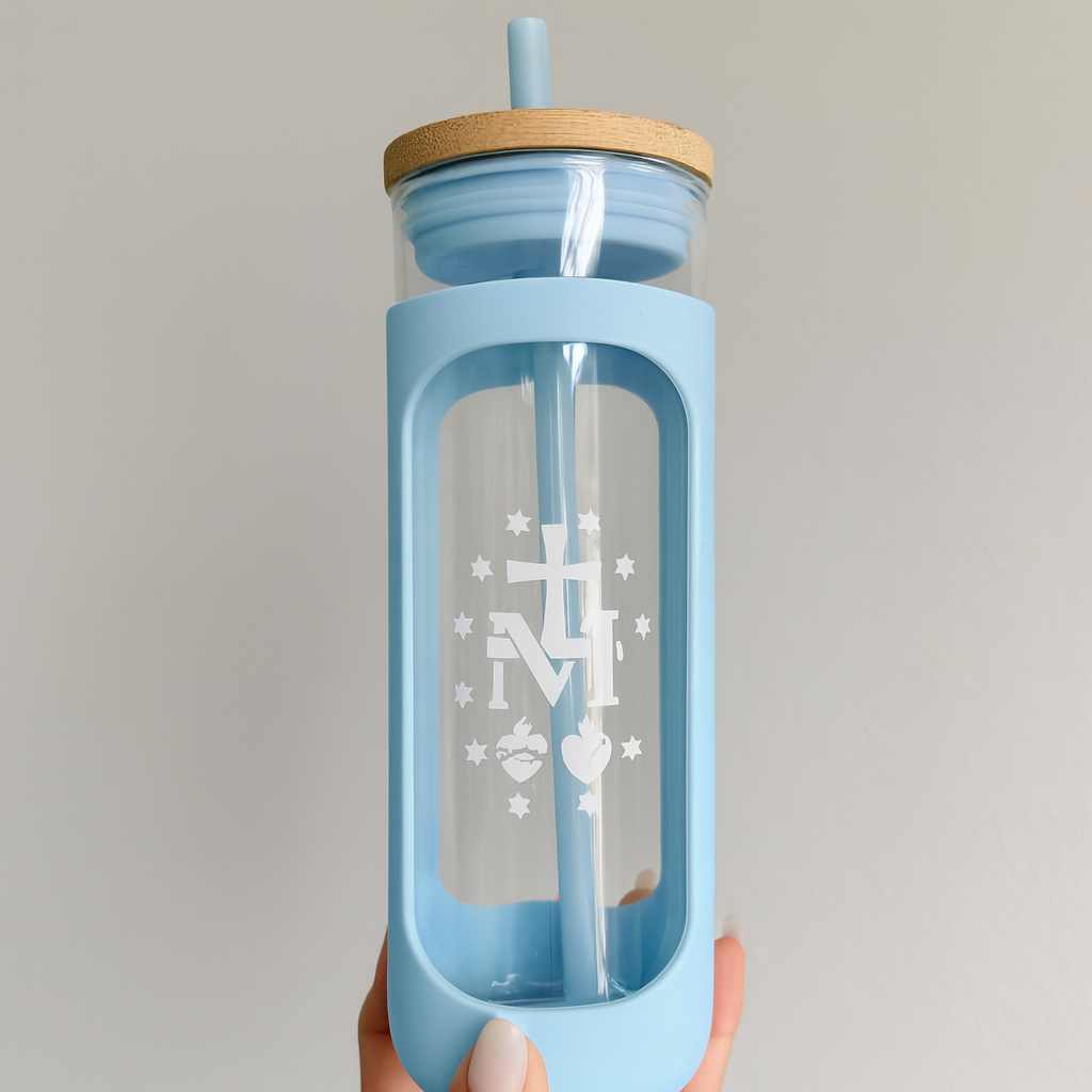 Miraculous Medal Custom Permanent vinyl 600ml Glass tumbler, with bamboo cover and straw