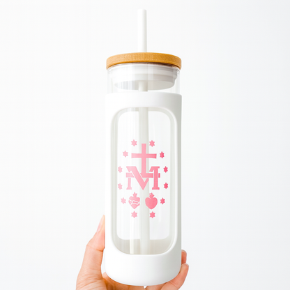 Miraculous Medal Custom Permanent vinyl 600ml Glass tumbler, with bamboo cover and straw