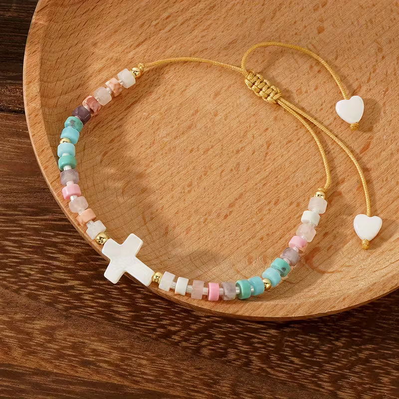 Colorful Natural Stone Bracelet with Shell Cross & Heart Charms