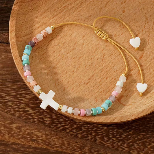 Colorful Natural Stone Bracelet with Shell Cross & Heart Charms