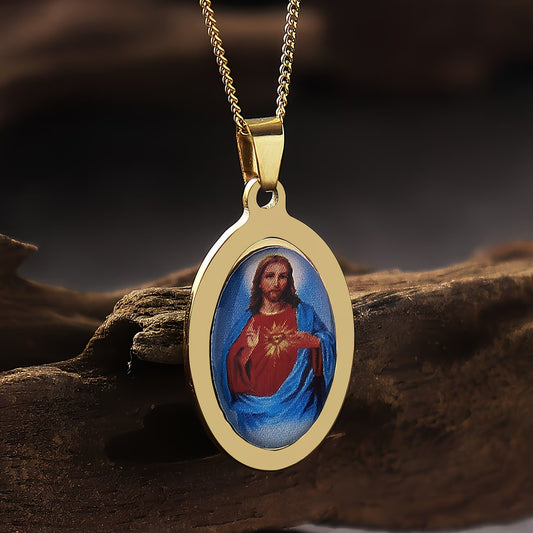 Gold Stainless Steel Sacred Heart of Jesus Necklace