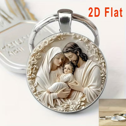 Holy Family Theme Keychain Set, Round Alloy Pendant Keychain