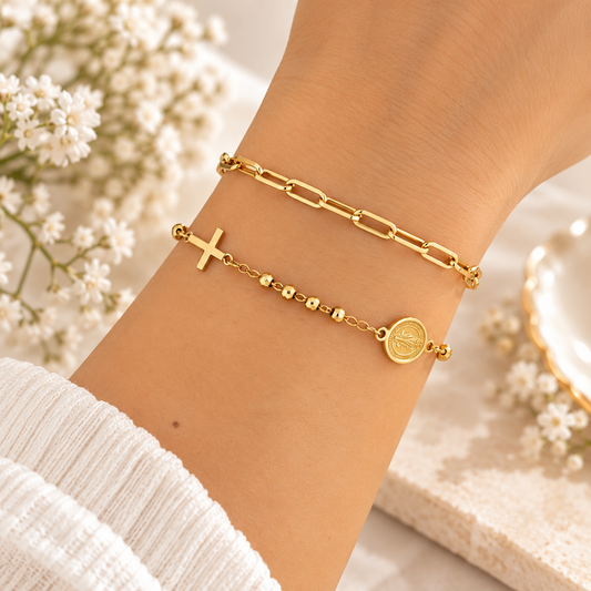 St. Benedict & Cross Gold Stainless Steel Bracelet – Catholic Protection Jewelry