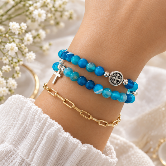 St. Benedict Natural Stone Rosary Bead Bracelet – Catholic Gemstone Bracelet