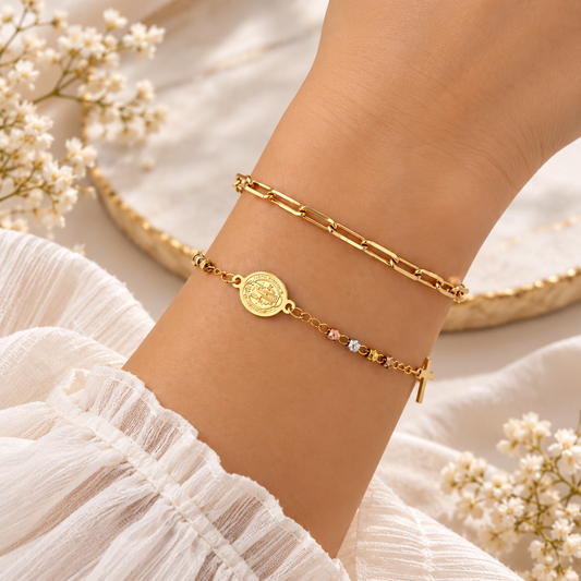 St. Benedict & Cross Tricolor Stainless Steel Bracelet – Silver, Rose Gold & Gold Catholic Jewelry