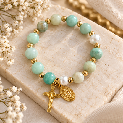 Natural rock Beaded bracelet miraculous medal and crucifix