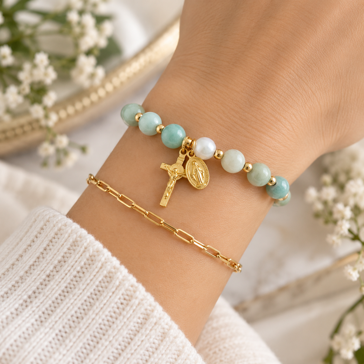 Natural rock Beaded bracelet miraculous medal and crucifix